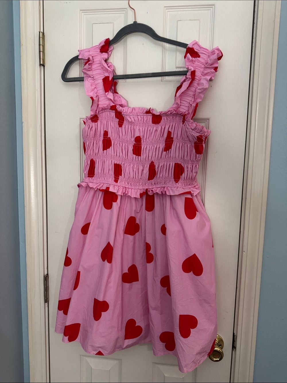 Women’s Pink Dress with Red Heart Print - Cute Ruffled Sleeves,English Factory